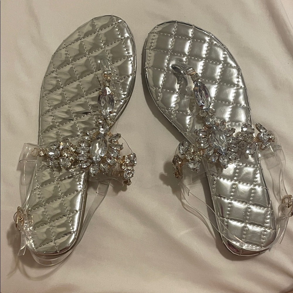 Elegant Silver & Gold/Clear Rhined Stone Crystal Sandals (Size 9 USWomen)